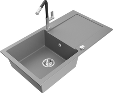 Mexen Leo 1-compartment granite sink with a drip tray and kitchen mixer tap Flora, Grey - 6501-71-670401-07