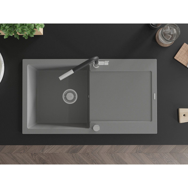 Mexen Leo single-bowl granite kitchen sink with drainer and Flora kitchen tap, grey - 6501-71-670401-07