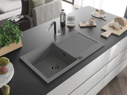Mexen Leo single-bowl granite sink with drainer and Flora kitchen faucet, gray - 6501-71-670401-07-B