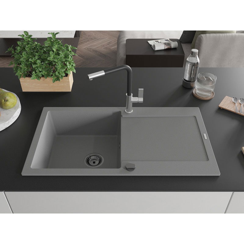 Mexen Leo granite sink with 1 bowl, drainer, and Flora kitchen tap, grey - 6501-71-670401-07-B