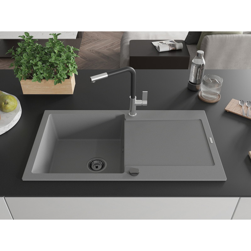 Mexen Leo single-bowl granite sink with drainer and Flora kitchen faucet, gray - 6501-71-670401-07-B