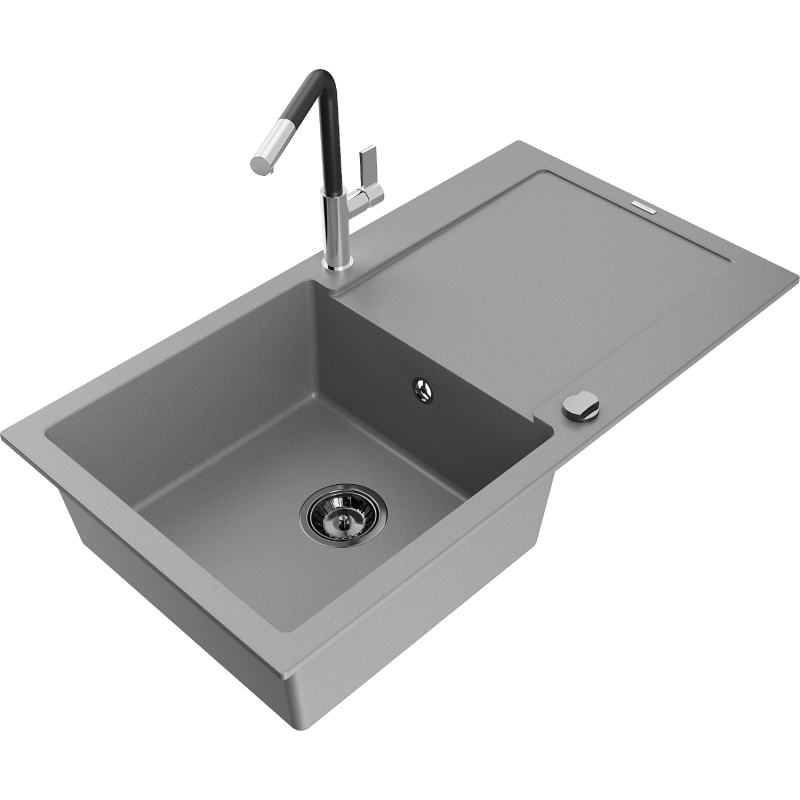 Mexen Leo 1-compartment granite sink with a drip tray and kitchen mixer tap Flora, Grey - 6501-71-670401-07-B
