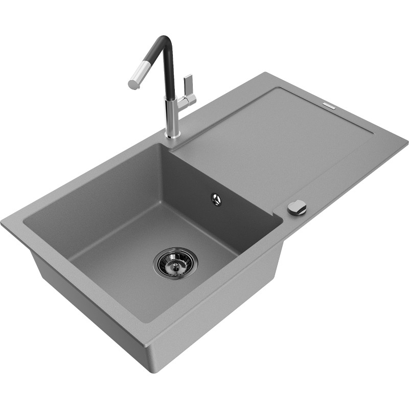 Mexen Leo single-bowl granite sink with drainer and Flora kitchen faucet, gray - 6501-71-670401-07-B