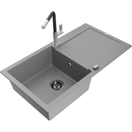 Mexen Leo 1-compartment granite sink with a drip tray and kitchen mixer tap Flora, Grey - 6501-71-670401-07-B