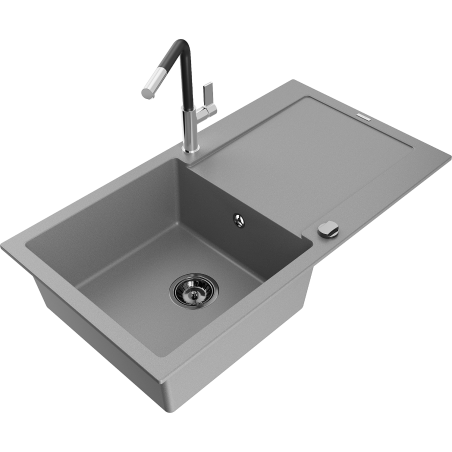 Mexen Leo granite sink with 1 bowl, drainer, and Flora kitchen tap, grey - 6501-71-670401-07-B