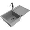 Mexen Leo granite kitchen sink, 1-bowl with drainer and Flora kitchen faucet, gray - 6501-71-670401-07-B