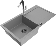 Mexen Leo granite sink with 1 bowl, drainer, and Flora kitchen tap, grey - 6501-71-670401-07-B