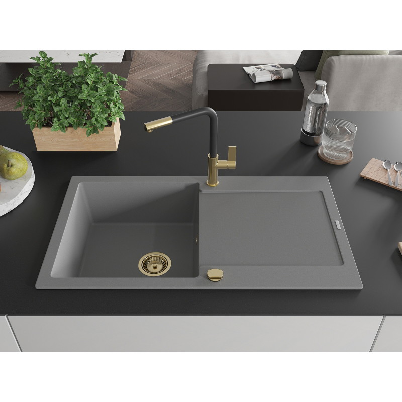 Mexen Leo granite sink 1-bowl with drainer and Flora kitchen faucet, gray - 6501-71-670401-57-G
