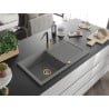 Mexen Leo 1-bowl granite sink with drainer and Flora kitchen tap, grey - 6501-71-670401-57-G