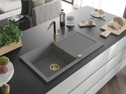Mexen Leo 1-compartment granite sink with a drip tray and kitchen mixer tap Flora, Grey - 6501-71-670401-57-G
