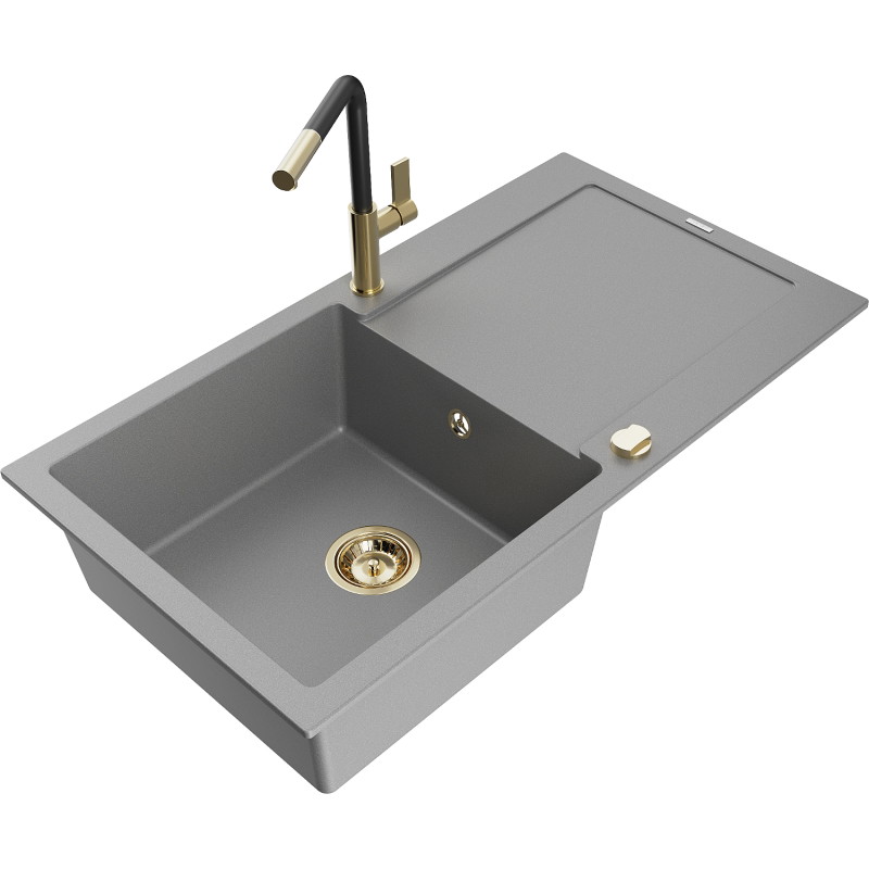 Mexen Leo 1-bowl granite sink with drainer and Flora kitchen faucet, gray - 6501-71-670401-57-G