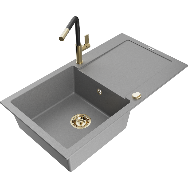 Mexen Leo 1-bowl granite sink with drainer and Flora kitchen tap, grey - 6501-71-670401-57-G