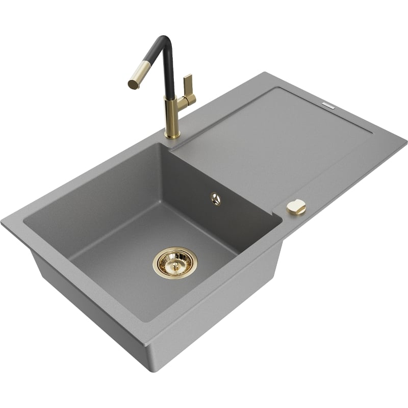 Mexen Leo granite sink 1-bowl with drainer and Flora kitchen faucet, gray - 6501-71-670401-57-G