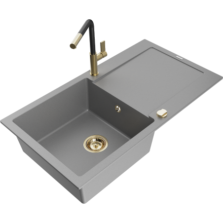 Mexen Leo 1-bowl granite sink with drainer and Flora kitchen faucet, gray - 6501-71-670401-57-G