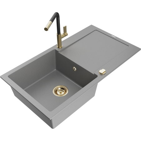 Mexen Leo 1-bowl granite sink with drainer and Flora kitchen tap, grey - 6501-71-670401-57-G