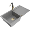 Mexen Leo 1-bowl granite sink with drainer and Flora kitchen tap, grey - 6501-71-670401-57-G
