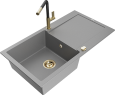 Mexen Leo 1-compartment granite sink with a drip tray and kitchen mixer tap Flora, Grey - 6501-71-670401-57-G