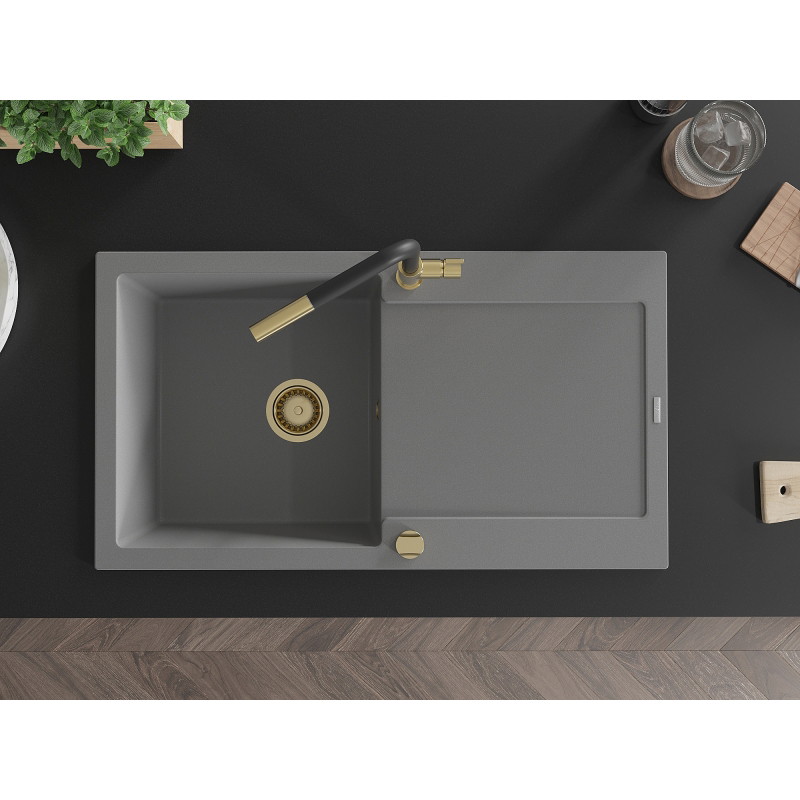 Mexen Leo 1-bowl granite sink with drainer and Flora kitchen faucet, gray - 6501-71-670401-57-G