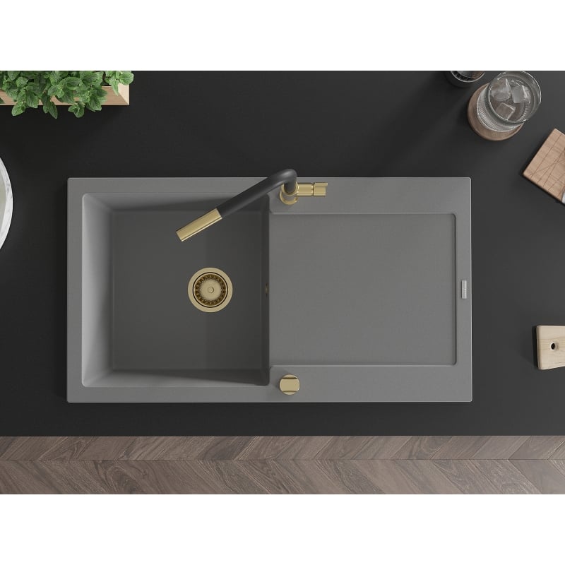 Mexen Leo granite sink 1-bowl with drainer and Flora kitchen faucet, gray - 6501-71-670401-57-G