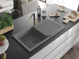 Mexen Leo 1-bowl granite sink with drainer and Flora kitchen faucet, gray - 6501-71-670401-57-B