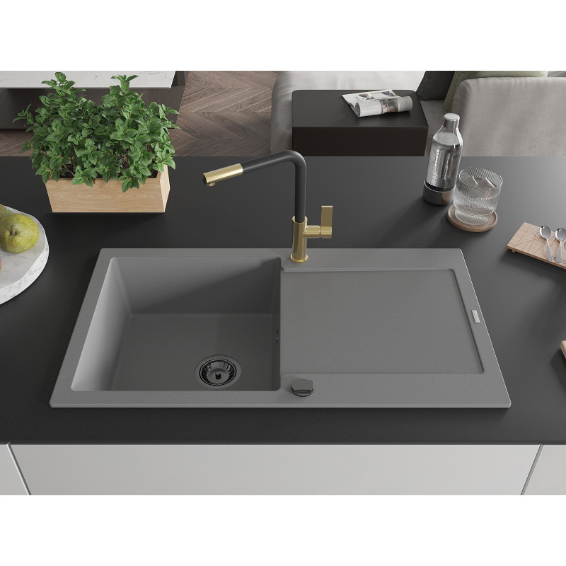 Mexen Leo 1-bowl granite sink with drainer and Flora kitchen faucet, gray - 6501-71-670401-57-B