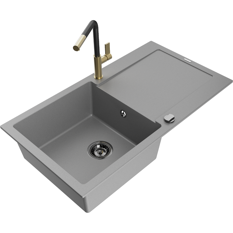 Mexen Leo 1-compartment granite sink with a drip tray and kitchen mixer tap Flora, Grey - 6501-71-670401-57-B