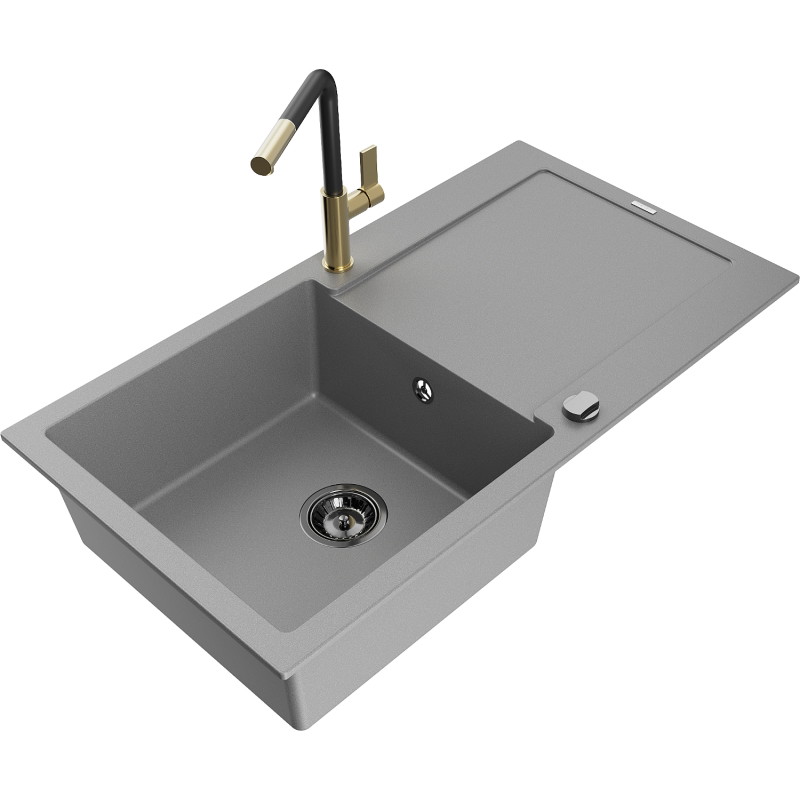 Mexen Leo granite kitchen sink 1-bowl with drainer and kitchen faucet Flora, gray - 6501-71-670401-57-B