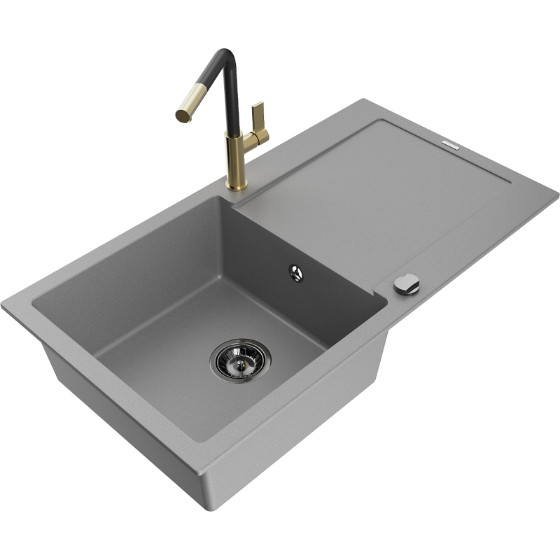 Mexen Leo single-bowl granite sink with drainer and Flora kitchen tap, grey - 6501-71-670401-57-B
