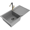 Mexen Leo 1-compartment granite sink with a drip tray and kitchen mixer tap Flora, Grey - 6501-71-670401-57-B