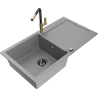 Mexen Leo single-bowl granite sink with drainer and Flora kitchen tap, grey - 6501-71-670401-57-B