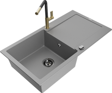 Mexen Leo single-bowl granite sink with drainer and Flora kitchen tap, grey - 6501-71-670401-57-B