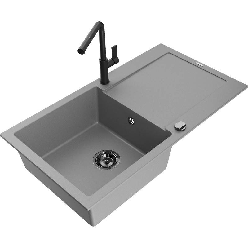 Mexen Leo granite kitchen sink 1-bowl with drainer and Flora kitchen faucet, gray - 6501-71-670401-70-B
