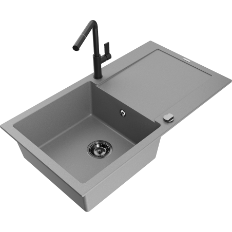 Mexen Leo granite kitchen sink 1-bowl with drainer and Flora kitchen faucet, gray - 6501-71-670401-70-B