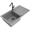 Mexen Leo granite 1-bowl sink with drainer and Flora kitchen faucet, gray - 6501-71-670401-70-B