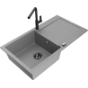 Mexen Leo granite kitchen sink 1-bowl with drainer and Flora kitchen faucet, gray - 6501-71-670401-70-B