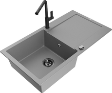 Mexen Leo granite 1-bowl sink with drainer and Flora kitchen faucet, gray - 6501-71-670401-70-B