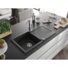 Mexen Leo 1-compartment granite sink with a drip tray and kitchen mixer tap Flora, Black/Silver metallic - 6501-73-670401-00