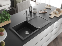 Mexen Leo 1-bowl granite sink with drainer and Flora kitchen faucet, black/silver metallic - 6501-73-670401-00