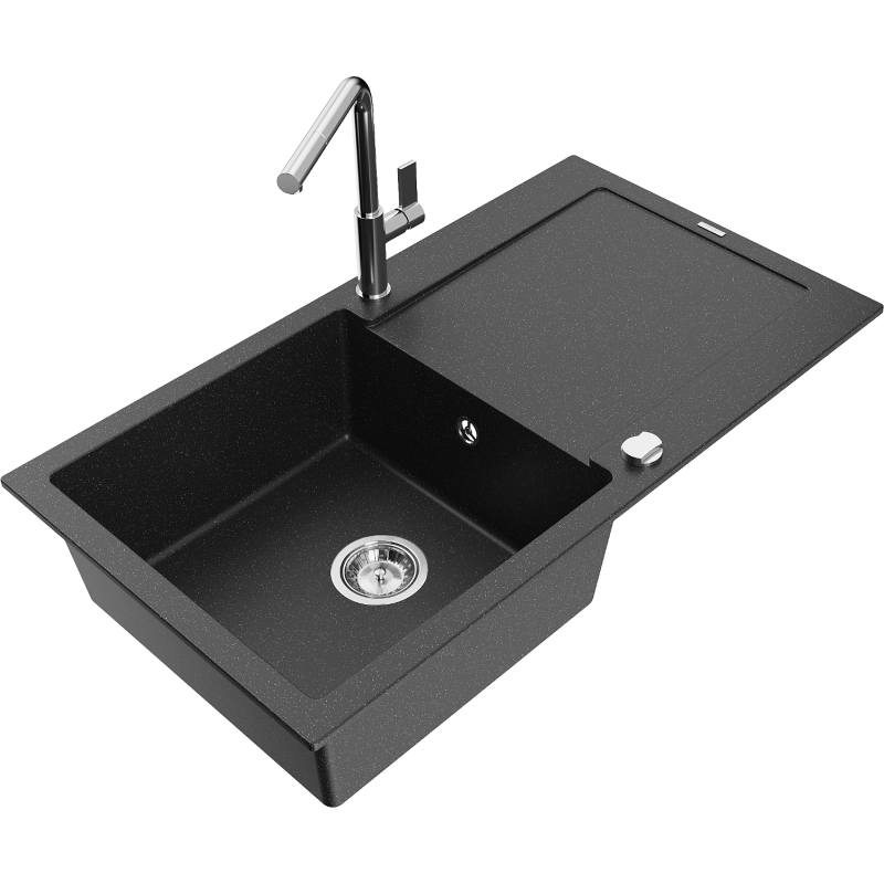 Mexen Leo 1-bowl granite sink with drainer and kitchen faucet Flora, black/silver metallic - 6501-73-670401-00
