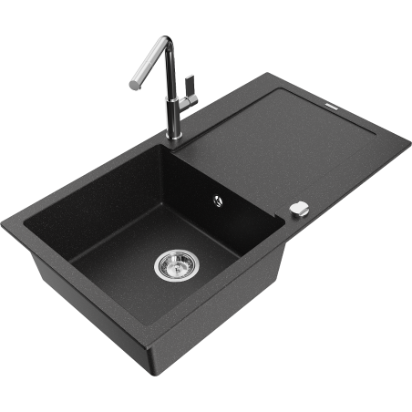 Mexen Leo 1-bowl granite sink with drainer and kitchen faucet Flora, black/silver metallic - 6501-73-670401-00