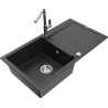 Mexen Leo 1-bowl granite sink with drainer and kitchen faucet Flora, black/silver metallic - 6501-73-670401-00