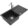 Mexen Leo 1-compartment granite sink with a drip tray and kitchen mixer tap Flora, Black/Silver metallic - 6501-73-670401-00