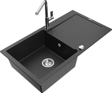 Mexen Leo 1-bowl granite sink with drainer and Flora kitchen faucet, black/silver metallic - 6501-73-670401-00