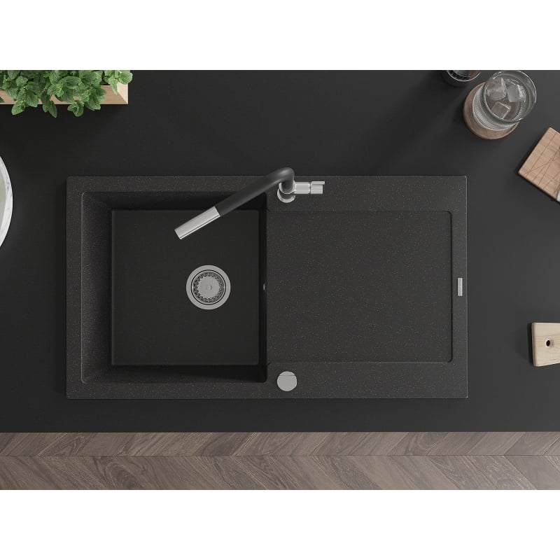 Mexen Leo granite sink 1-bowl with drainer and Flora kitchen faucet, black/silver metallic - 6501-73-670401-07