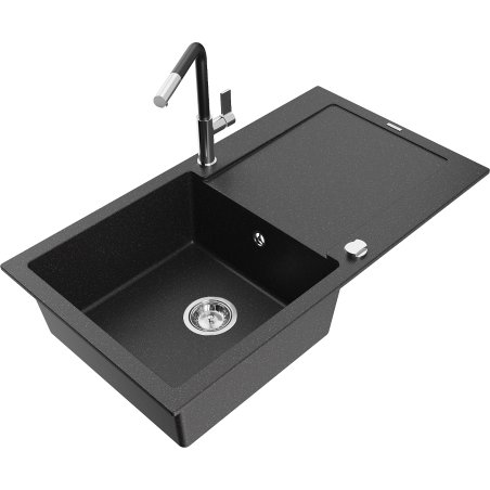 Mexen Leo granite sink 1-bowl with drainer and Flora kitchen faucet, black/silver metallic - 6501-73-670401-07