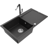 Mexen Leo granite single-bowl sink with drainer and Flora kitchen faucet, black/silver metallic - 6501-73-670401-07