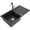 Mexen Leo granite sink 1-bowl with drainer and Flora kitchen faucet, black/silver metallic - 6501-73-670401-07
