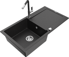 Mexen Leo granite sink 1-bowl with drainer and Flora kitchen faucet, black/silver metallic - 6501-73-670401-07