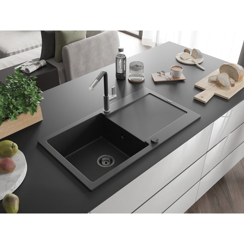 Mexen Leo granite single-bowl sink with drainer and Flora kitchen faucet, black/silver metallic - 6501-73-670401-07-B