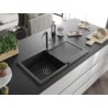 Mexen Leo 1-bowl granite sink with drainer and Flora kitchen tap, black/silver metallic - 6501-73-670401-07-B